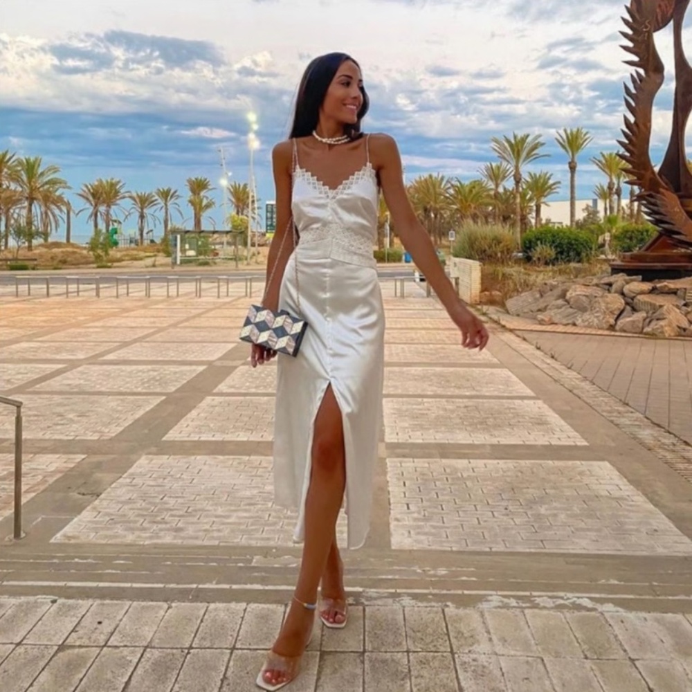 Zara Satin White Slip Dress with Lace Trim